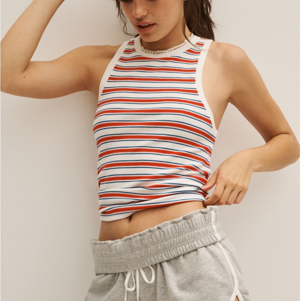 Maeve Ribbed Racerback Tank Red Pattern Striped Top Size L NWT